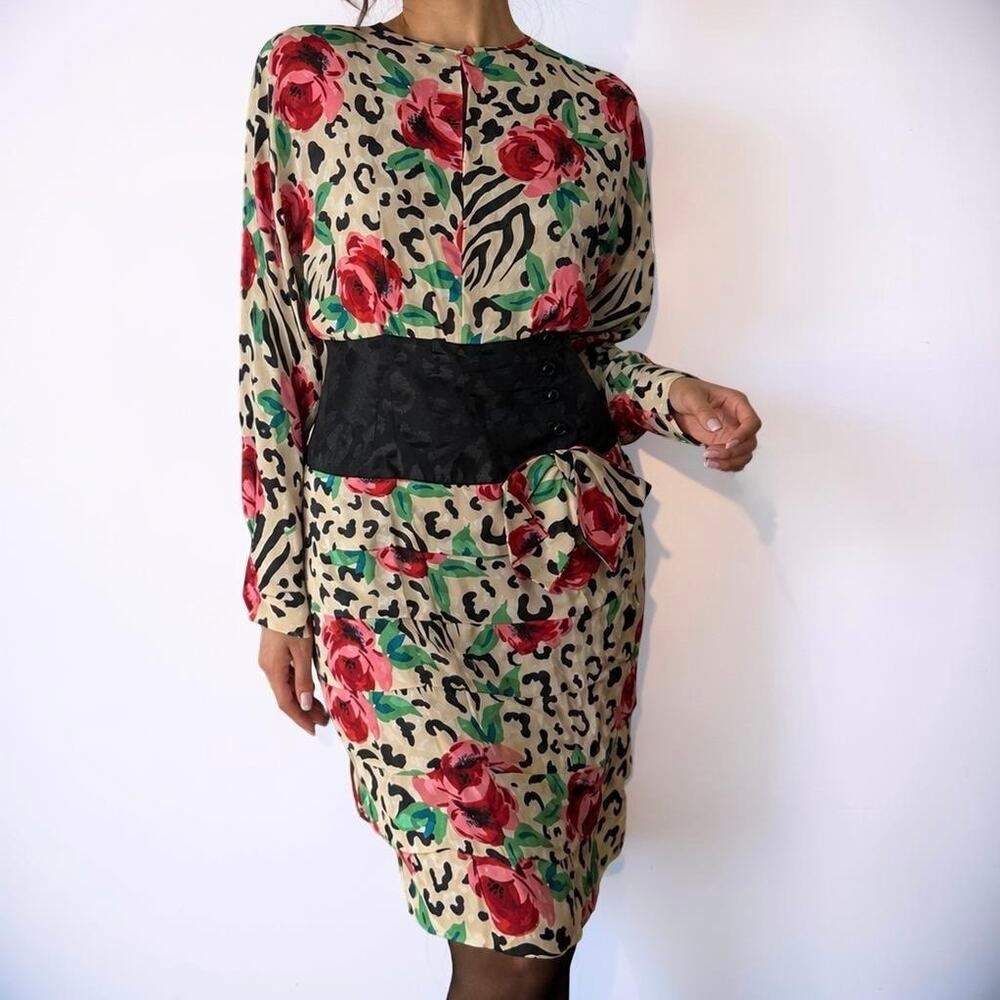 Vintage 80s A.J. Bari 100% Silk Floral Animal Print Dress Size 4